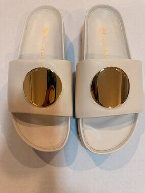 Tory Burch White Leather Platform Slide Sandals Gold Logo Size 7.5 EUC